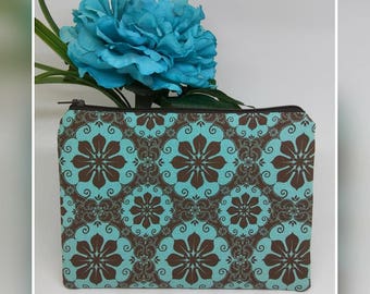 Teal and chocolate brown flat zipper pouch /cosmetic bag / makeup bag