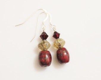 Dark Red Glass Earrings, Czech Bead Earrings, Glass Earrings