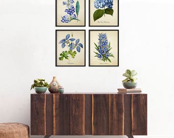 Blue Flowers Botanical Print Set, Botanical Four Print Set, Home Decor, Four Blue Botanicals, Art Reproduction, Flowers 4 Art Print Set m011