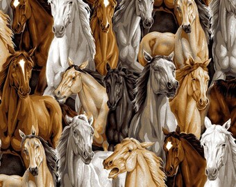 Allover Horses, Animals, Brown, Tan by David Textiles 100% Cotton by the yard