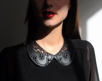 Leather lace collar necklace, Black Peter Pan detachable collar necklace