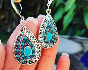 Antique silver blue boho drop earrings
