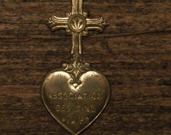 Antique French bronze religious cross medal pendant sacred heart ex voto one heart and one soul