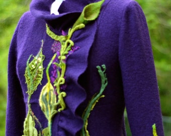 Sweater COAT, purple green Woodland style Fantasy clothing, boho festival art to wear, refashioned eco couture. Size M. Ready to ship