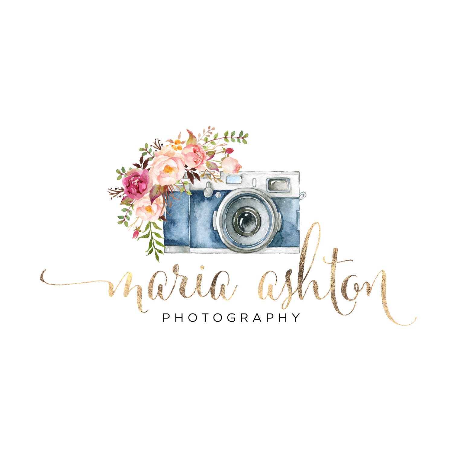 Premade Logo Design Watercolor Camera Flowers Gold Logo