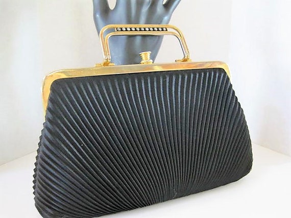 Black Evening Purse, Evening Bag, Classic Traditional, Rhinestone Handle, Dressy Black Bag
