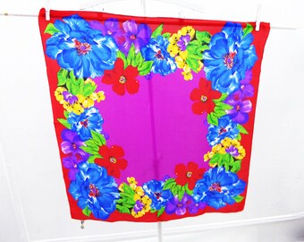 Vintage Scarf Silk Designer Liz Claiborne Floral Red Blue Purple Yellow 30 x 31