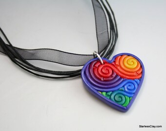 Rainbow Heart Pendant in Polymer Clay Filigree Valentine's Day Gift