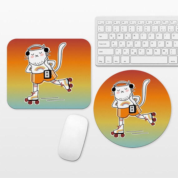 Retro Roller Skates Cat Mouse Pad, Vintage Theme 80s 70s Funny Mousepad, Round Mouse Mat, Desk Decor Office Desk Accessories for Men Women