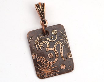 Zen om pendant, small rectangular flat copper yoga jewelry, etched metal, optional necklace, 25mm