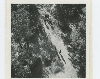 Overhead View of Figures on Pathway: Vintage Snapshot Mini-Photo, c1940s (71536)