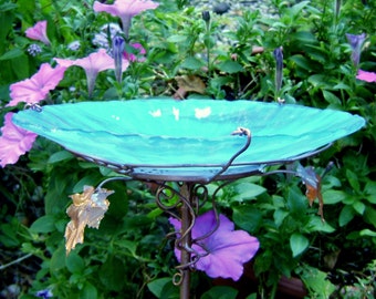 Garden Gift, BIRDBATH, stained glass, copper, 8.25" diameter, AQUA IRIDESCENT, Garden Art, Garden Decor, Outdoor