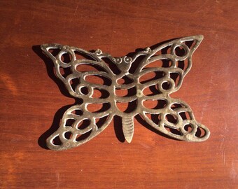 Small Gold Brass Butterfly Trivet/ Pot Rest, 7"