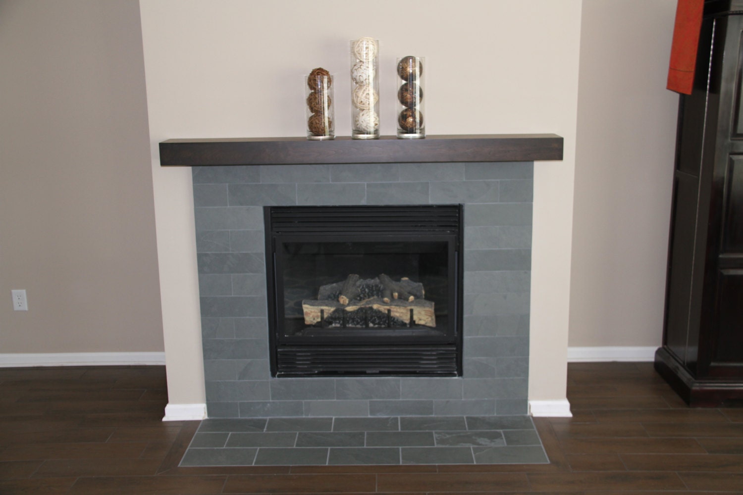 Espresso cherry modern beam mantel cherry mantel.