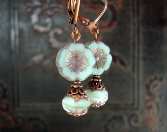 Mint and Lavender Czech Glass Flower Earrings - Copper Leverback Earrings - Light Green Purple Colorful Jewelry Vintage Style Floral Jewelry