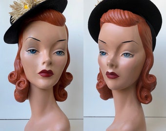 1930's Navy Blue Straw Tilt Hat with Vintage White Daisy Millinery Flower Details