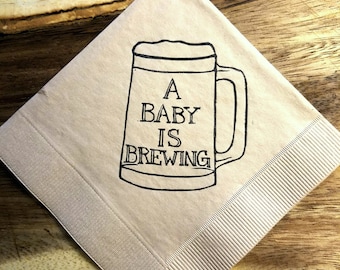 A Baby is Brewing Baby Shower Napkins in Light Burlap Cocktail Napkins Beer Mug Rustic Party - set of 50