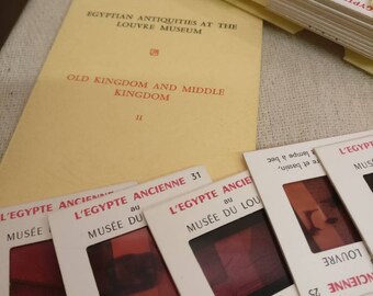 Vintage 35mm Slides of Egypt in mock book case, Egyptian Antiquities at the Louvre museum.