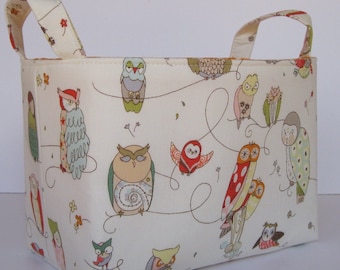 Storage and Organization - Fabric Basket Container Organizer Bin - Spotted Owls on Cream Fabric - Nursery Decor
