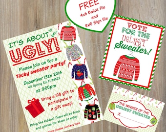 CHRISTMAS Party INVITE - Ugly Sweater party invitation, tacky sweater invitation, jpeg file, Free Contest Ballot