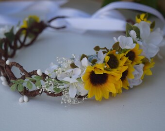 Sunflower Flower Crown - Rustic Bridal Halo- Sunflower Flower Girl Crown- Sunflower Hair Wreath- Fall Wedding Crown- Autumn Sunflower Photos