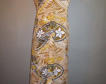 Vintage Hawaii, Handsewn Hawaiian Midi Dress, Off Shoulder Dress, Sleeveless, Mid Back Metal Zipper, Mid Calf Length, 30-32 waist