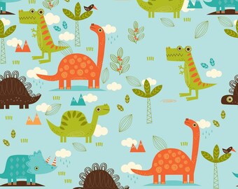 Laminated Cotton aka Oilcloth HEAVYWEIGHT splat mat Riley Blake Dino bright dinosaurs on blue background choose your size