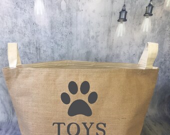 large personalized lined burlap dog toy basket , burlap storage tote