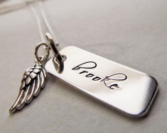 Memorial Necklace Sterling Silver Angel Wing Necklace Memorial Gift Hand Stamped Jewelry Memorial Jewelry Personalized Remembrance Necklace