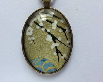 Pendant made with Japanese Chiyogami paper - Oval JP13