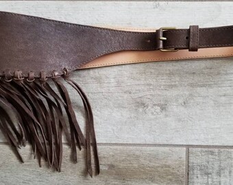 Ladies chocolate brown leather fringe belt