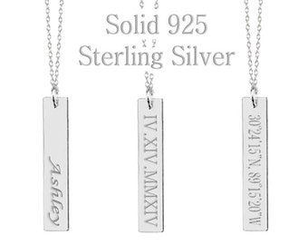 925 Sterling Silver Vertical Bar Necklace,Custom Coordinates,Custom Name,Roman Numeral,Initial,Greek Letters,Morse Code,Zodiac,Date Necklace