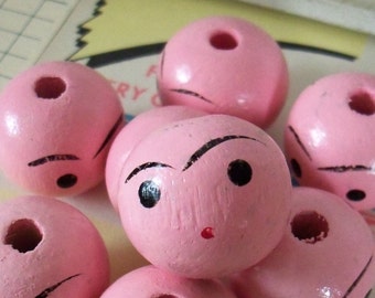Vintage / Wooden Pink Beads with Hand Painted Faces / Six Items / Doll Parts / About 1" Diameter