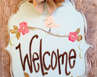 Welcome Sign, Door Art, Door Decor, Hand-Painted, Wreath