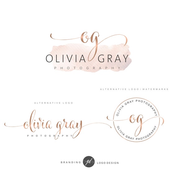 Watercolor Logo Design Rose gold Branding kit Photography