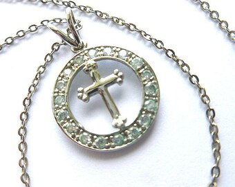 INFINITY CROSS with Crystals, Encircled Silvertone Rhinestone Cross, Vintage Petite Silver Love Cross & Neck Chain, Silver Cross Necklace