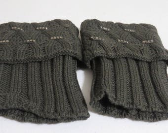 Gray rhinestone knitted boot cuff, knitted leg warmers, Knit boot cuffs, Boot socks, Knit leg warmer