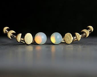 Waxing Moon and genuine vintage opal stone ear climbers. Tiny gold opal stud earrings. Moon phases earrings for her.
