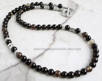 Black Agate Stone Men's Beaded Necklace, Handcrafted Jewelry for Men, Guys, Dad, Him