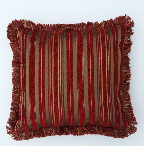 large chenille red gold embroidered throw pillows with fringe