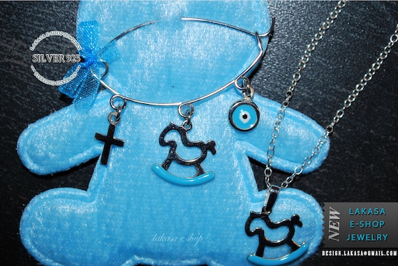 SET Blue Enamel Horse Carousel Baby Brooch Chain Necklace Sterling Silver Jewelry Gift Baptism Newborn Boy Cross Religious Shower Day Mother