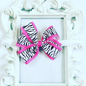 Pink And Zebra Print Hair Bow, Zebra Print Hairband, Girl's Pink And Black Hair Bow, Girls 4 inch Zebra Print Hair Bows, Newborn Hair Bows