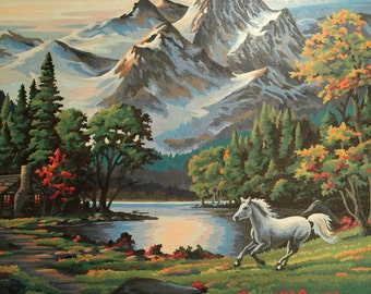 Mountain Scene Paint By Number - Horse Paint By Number- Stallion Ranch Painting - vintage - paintbynumber No.100 cs
