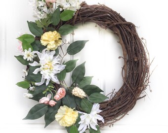 Yellow + Light Pink + White | Spring Wreath | Summer Wreath | Greenery Wreath | Grapevine Wreath | Front Door Wreath