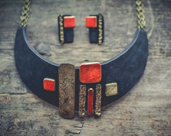 Statement necklace Bib necklace black red gold necklace geometry necklace polymer clay necklace large Аsymmetric necklace jewelry set