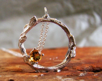 Citrine Pendant Twig Necklace Sterling Silver Wreath Necklace Botanical Jewelry November Birthstone Jewelry