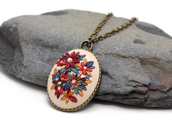 Colorful flower pendant, long beige necklace, delicate necklace, elegant vintage necklace, anniversary gifts for women, mothers day gift