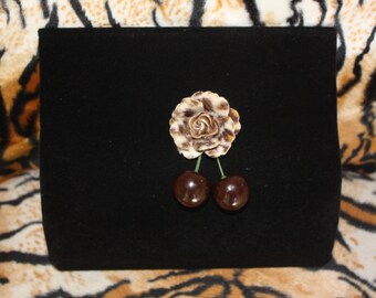 Leopard Print Velvet Rose and Cherry Mini Hairclip Pinup Rockabilly Burlesque VLV