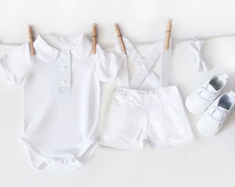 Baby Boy Baptism Outfit, 4 Piece Boys Christening Outfit, White Seersucker Suspender Shorts, Infant Christening, Baptismal Outfit