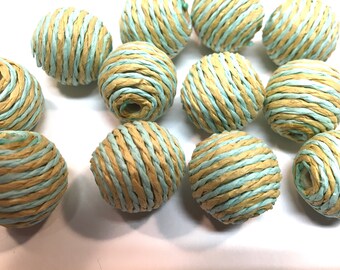 Aqua Ecru Stripe Paper Bead Balls - Twelve (12)